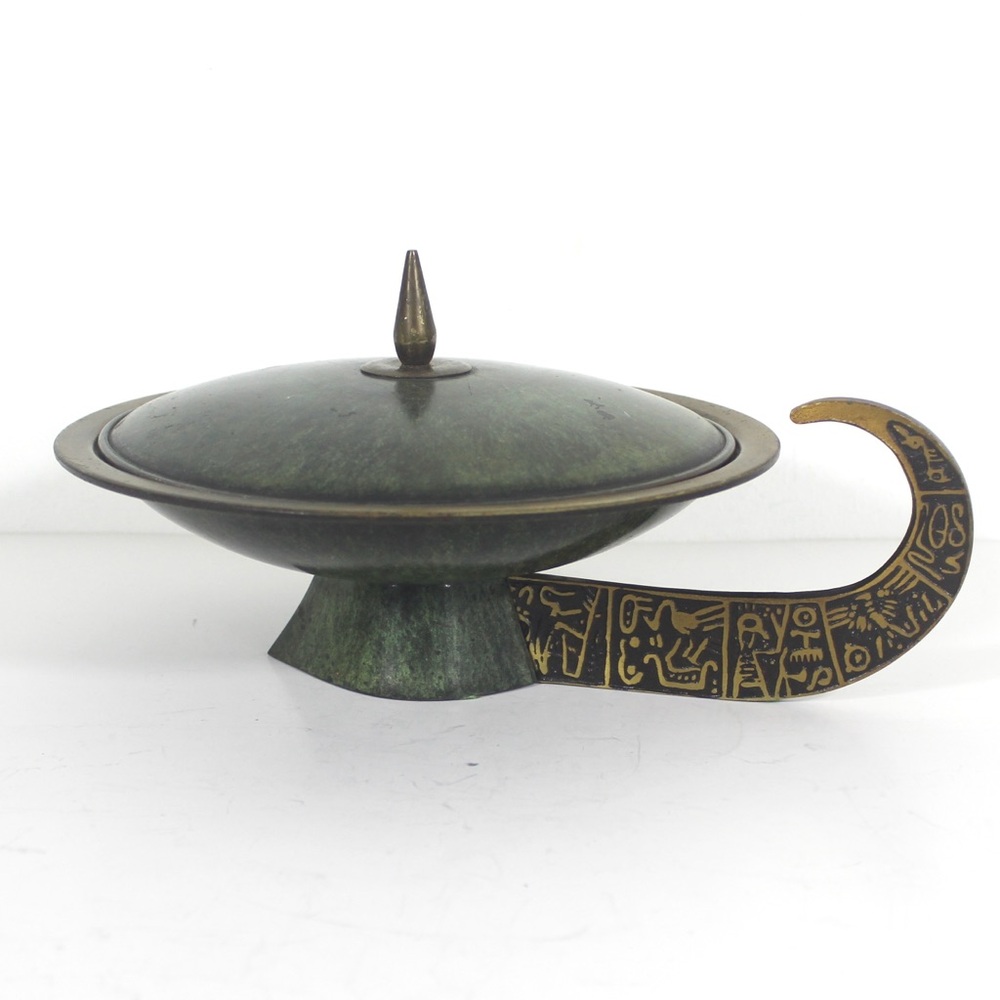 Vintage Dayagi brass Judaica lamp with Egyptian hieroglyphs verdigris finish